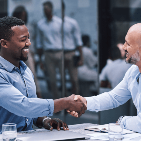 Two businessmen sitting at a table in an office shaking hands