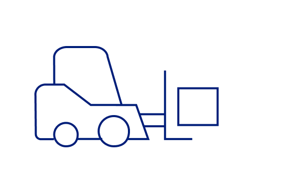 Illustration of a forklift lifting a box, to convey equipment.