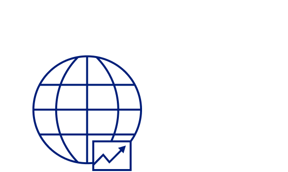 Illustration of a globe with a small arrow pointing up and to the right, connoting global trade.