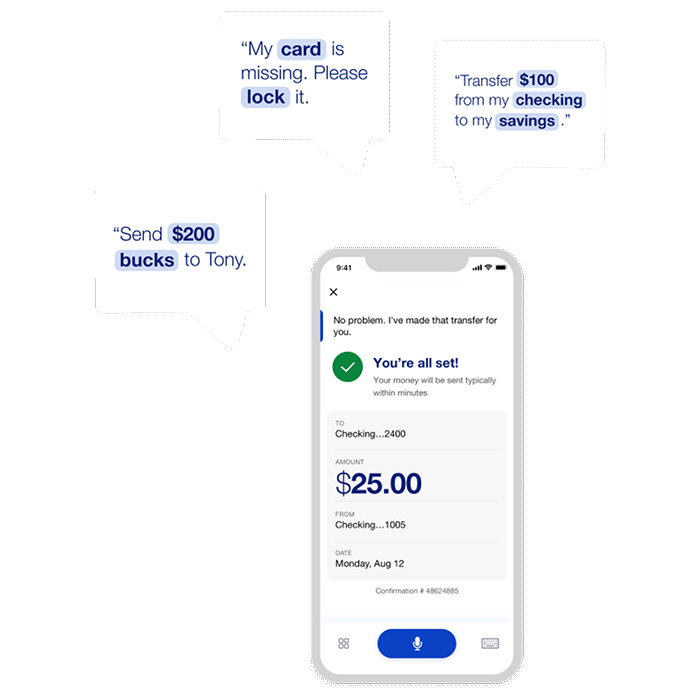 Image of quote bubbles and app screen showing examples of everyday banking tasks