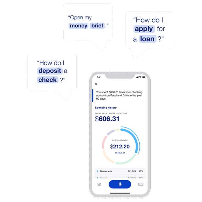 Image of quote bubbles and app screen showing examples of how to quickly complete your banking tasks