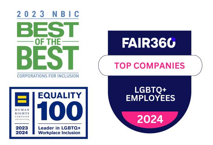 Logotipos de 3 organizaciones: Premio a las Mejores Empresas para la Inclusión según NBIC, Mejores Empresas para Empleados LGBTQ+ según Fair 360 e Índice de Igualdad Empresarial de la Fundación Campaña de los Derechos Humanos.