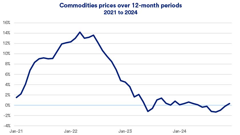 Chart depicts commodities price changes as a percentage from January 2021 – December 31, 2024.