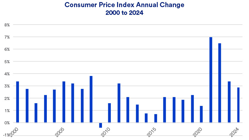 Inflation trends as measured by the Consumer Price Index 2000 - January 2025.