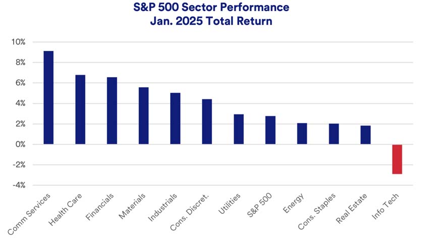 Chart reports S&P 500 total returns by sector in the month of January 2025.