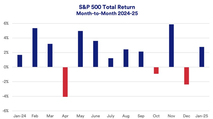 Chart depicts monthly total returns of the S&P 500: January 2024 - January 2025.