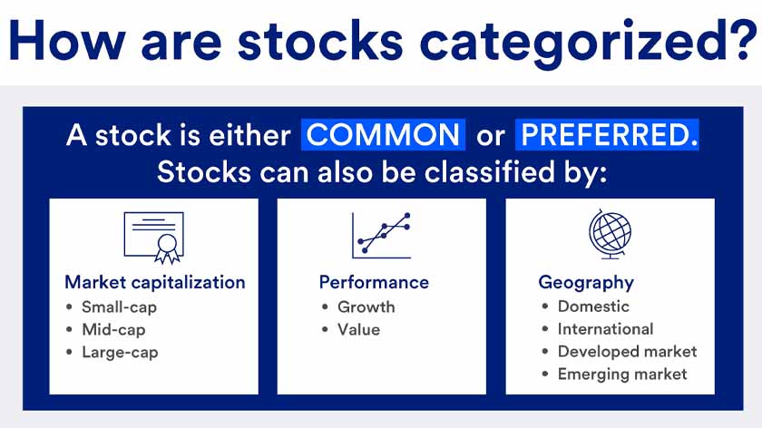 Visual highlighting how stocks are categorized, as common or preferred, and classified by market cap, performance and geography.