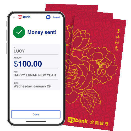 Red envelopes under a phone screen showing a 'money sent' Zelle confirmation.