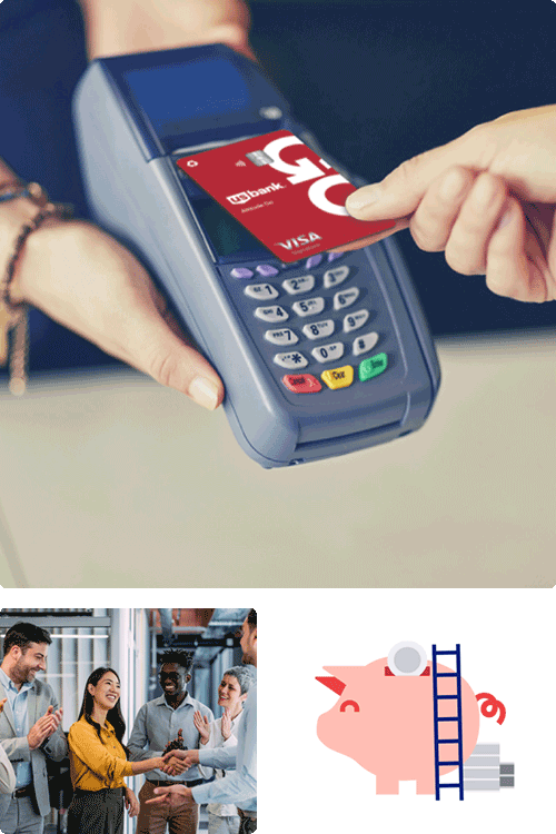 Collage of images including a credit card held over credit card reader device, a group of coworkers shaking hands and a decorative image of a piggy bank