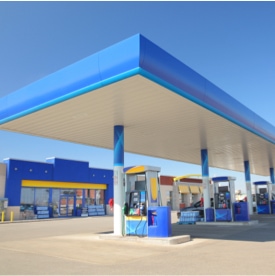 View of gas station and gas pumps