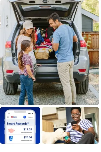 Collage of family loading car for a daytrip, woman checking smartphone while playing with her dog, and view of Smart Rewards benefits in the U.S. Bank mobile app