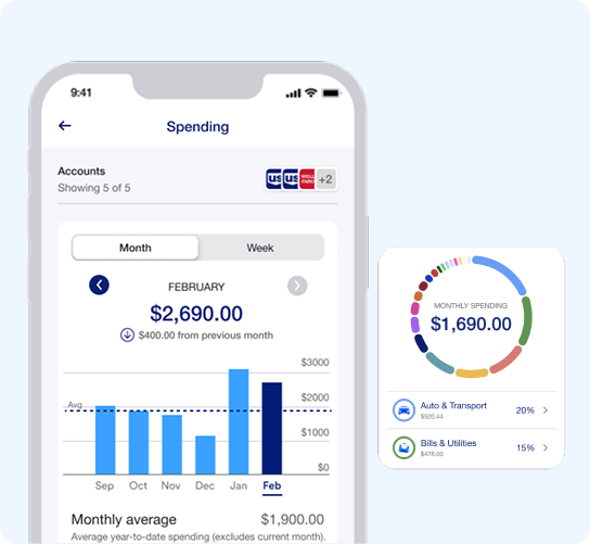 Mobile view dashboard showing an overview of account spending with charts and spending categories