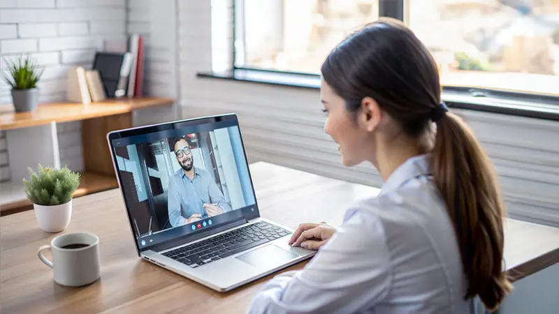Young woman having an online meeting with her advisor via her laptop 