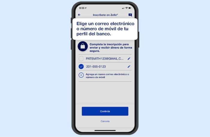 Inscríbete en Zelle: Ingresa información de contacto