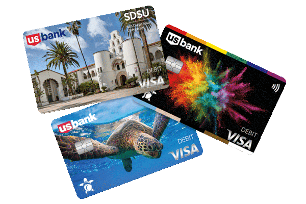 Three U.S. Bank debit card images featuring various lifestyle images. 