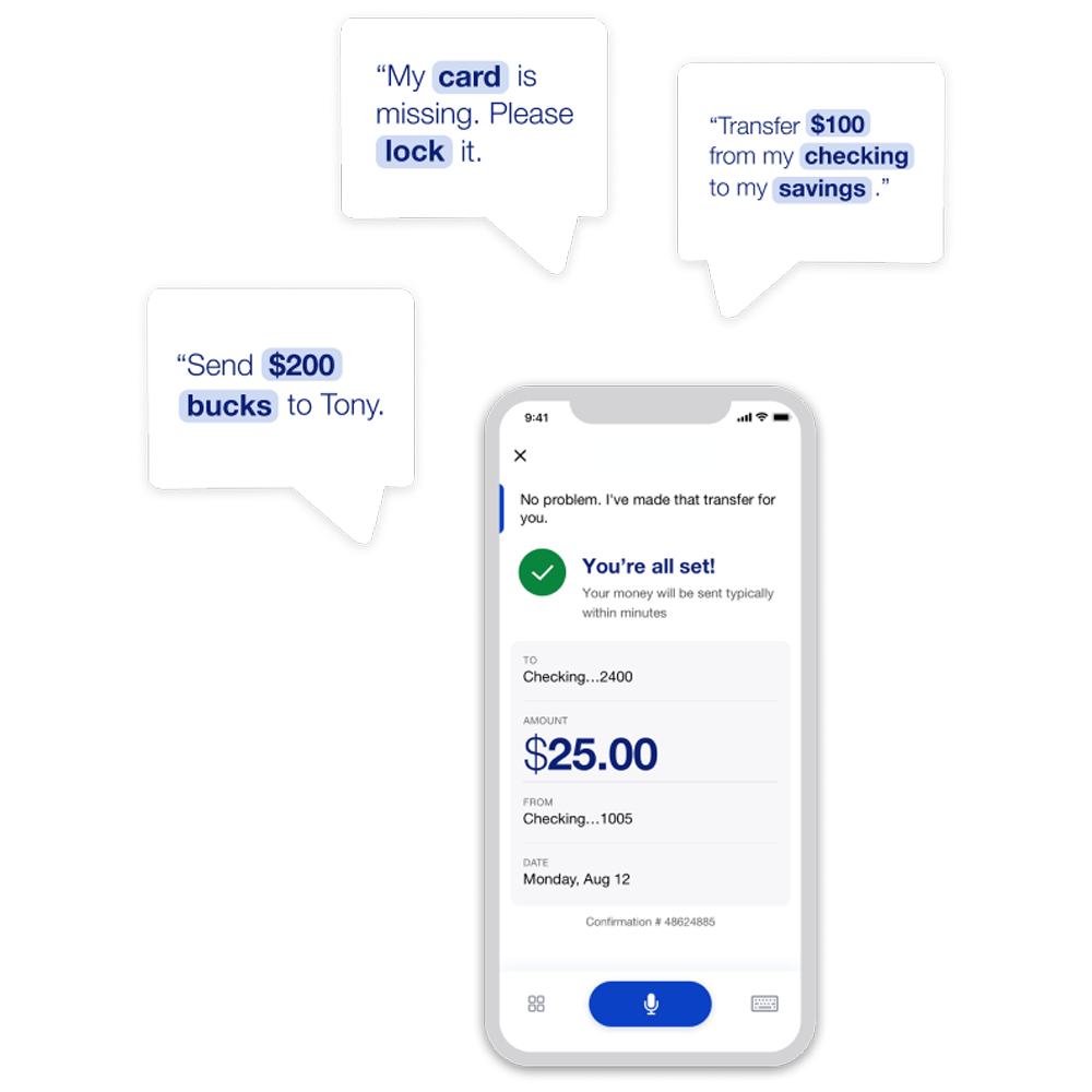 Image of quote bubbles and app screen showing examples of everyday banking tasks