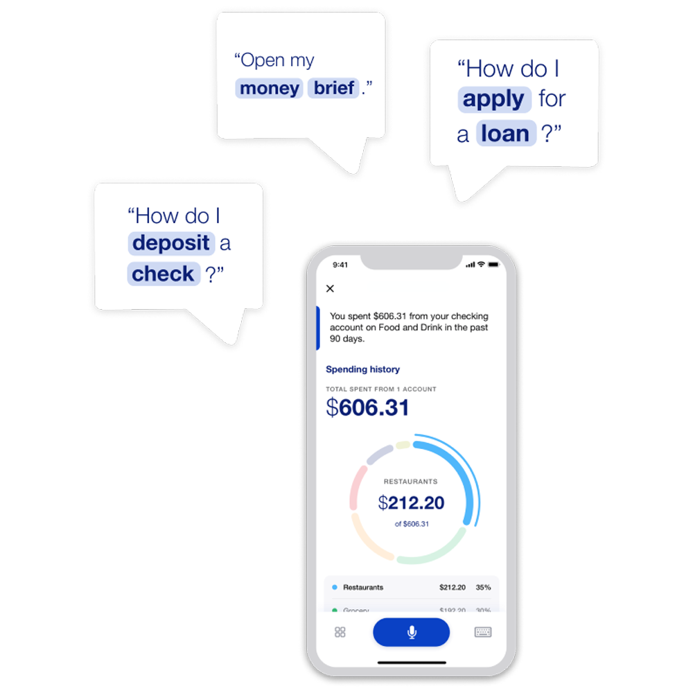 Image of quote bubbles and app screen showing examples of how to quickly complete your banking tasks
